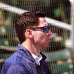 Red Sox chief baseball officer Craig Breslow watches Boston Red Sox starting pitcher Garrett Crochet, not pictured, throw live batting practice. Boston Red Sox Spring Training at Jet Blue Park in Fort Myers, FL.