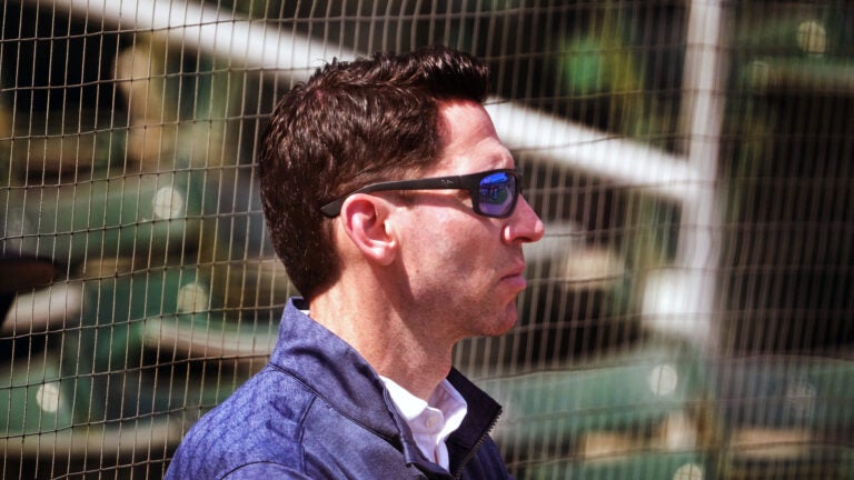 Red Sox chief baseball officer Craig Breslow watches Boston Red Sox starting pitcher Garrett Crochet, not pictured, throw live batting practice. Boston Red Sox Spring Training at Jet Blue Park in Fort Myers, FL.