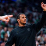 Boston Celtics head coach Joe Mazzulla during the 2nd quarter. The Boston Celtics hosted the Philadelphia 76’ers in Game 1 of the first round of the NBA Playoffs on Sunday, April 19, 2026 at TD Garden in Boston, MA.