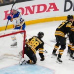 Buffalo Sabres center Noah Ostlund (86) celebrates after he sealed the win with an empty net goal late during the 3rd period. The Boston Bruins host the Buffalo Sabres Thursday, April 23, 2026 in Game 3 of the first round of the Stanley Cup Playoffs at TD Garden in Boston, MA.