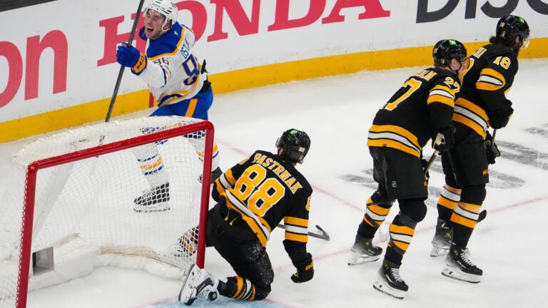 Buffalo Sabres center Noah Ostlund (86) celebrates after he sealed the win with an empty net goal late during the 3rd period. The Boston Bruins host the Buffalo Sabres Thursday, April 23, 2026 in Game 3 of the first round of the Stanley Cup Playoffs at TD Garden in Boston, MA.