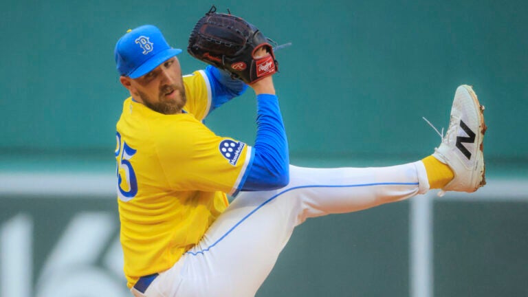 Garret Crochet (35) delivers a pitch against the Detroit Tigers during first inning MLB action at Fenway Park on Sunday April 19, 2026.