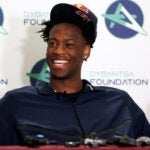 Brockton native AJ Dybantsa declared for the NBA Draft at the K-8 Davis School. He is photographed in Brockton MA on Thursday April, 23 2026. He took questions from the crowd and took pictures with his fans at the school.