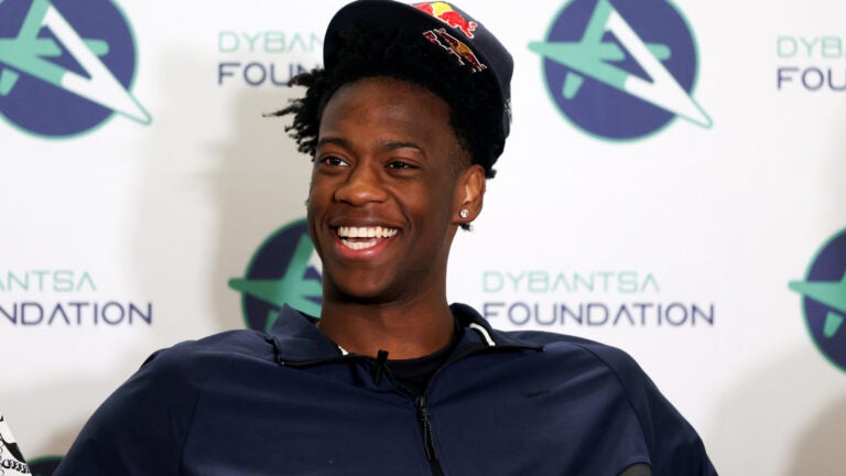 Brockton native AJ Dybantsa declared for the NBA Draft at the K-8 Davis School. He is photographed in Brockton MA on Thursday April, 23 2026. He took questions from the crowd and took pictures with his fans at the school.