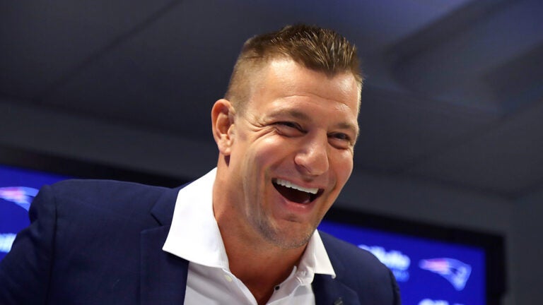 The New England Patriots signed former Patriots Rob Gronkowski to a one-day contract so he could retire as a Patriot in a cermony at Gillette Stadium. He laughs out loud as he speaks.