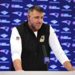 Patriots coach Mike Vrabel pauses as he answers a question from the media as the NE Patriots cleaned out their lockers at Gillette Stadium on Tuesday after arriving back from their loss to Seattle in the Superbowl.