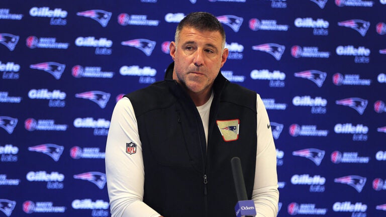 Patriots coach Mike Vrabel listens to a question from the media as the NE Patriots cleaned out their lockers at Gillette Stadium on Tuesday after arriving back from their loss to Seattle in the Superbowl.