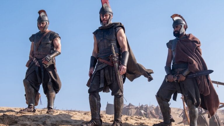 (L to R): Jimmy Gonzales as Cepheus, Matt Damon as Odysseus and Himesh Patel as Eurylochus in a scene from "The Odyssey."