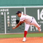 Boston Red Sox pitcher Ranger Suarez throws during the first inning of a baseball game against the Houston Astros, Sunday, May 3, 2026, in Boston.