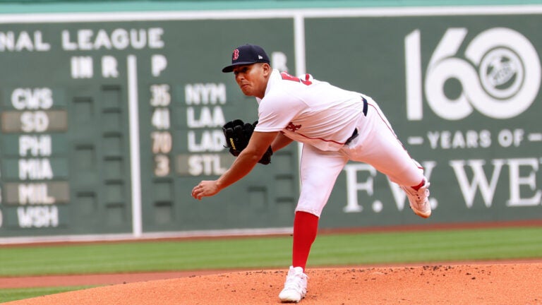 Boston Red Sox pitcher Ranger Suarez throws during the first inning of a baseball game against the Houston Astros, Sunday, May 3, 2026, in Boston.