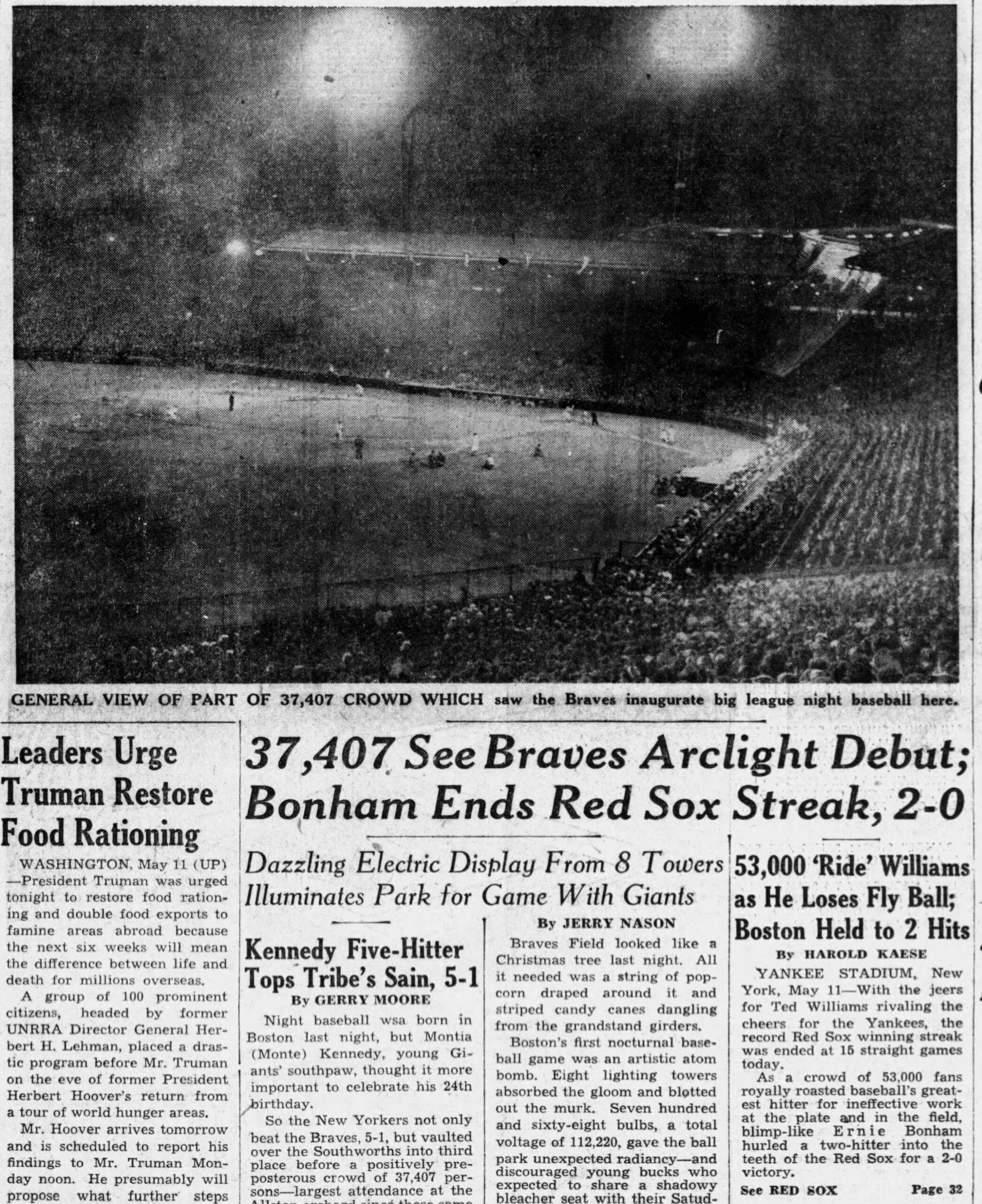 Boston Braves night game 1946 Boston Globe Sports