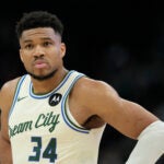 Milwaukee Bucks' Giannis Antetokounmpo looks on during an NBA basketball game against the Boston Celtics, Monday, March 2, 2026, in Milwaukee.