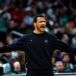 Boston Celtics head coach Joe Mazzulla argues a call with a NBA official during the second quarter. The Boston Celtics hosted the Philadelphia 76’ers in Game 7 of the first round of the NBA Playoffs on Saturday, May 2, 2026 at TD Garden in Boston, MA.