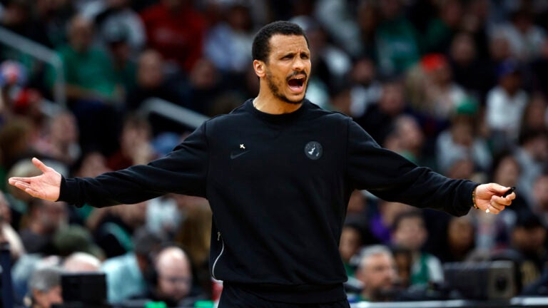 Boston Celtics head coach Joe Mazzulla argues a call with a NBA official during the second quarter. The Boston Celtics hosted the Philadelphia 76’ers in Game 7 of the first round of the NBA Playoffs on Saturday, May 2, 2026 at TD Garden in Boston, MA.