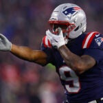 New England Patriots wide receiver Kayshon Boutte (9) gestures after a long reception. The New England Patriots played the Houston Texans in the NFL divisional round playoff game at Gillette Stadium on January 18, 2026.