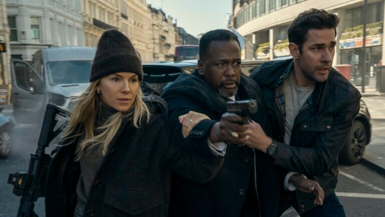 New movies streaming in May 2026: Emma Marlowe (Sienna Miller), James Greer (Wendell Pierce) , and Jack Ryan (John Krasinski) in "Tom Clancy's Jack Ryan: Ghost War."