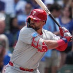 Philadelphia Phillies designated hitter Kyle Schwarber (12) plays during baseball game against the Chicago Cubs, Thursday, April 23, 2026, in Chicago.
