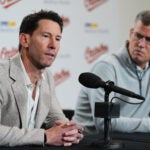 Red Sox Chief Baseball Officer Craig Breslow, left, speaks during a press conference with President & CEO Sam Kennedy, Sunday, April 26, 2026, in Baltimore. (