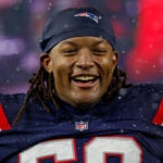 New England Patriots guard Jared Wilson (58) reacts after defeating the Houston Texans in an NFL divisional playoff football game, Sunday, Jan. 18, 2026, in Foxborough, Mass.