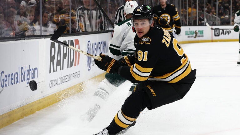 Boston Bruins' Nikita Zadorov during an NHL hockey game against the Minnesota Wild Saturday, March 28, 2026, in Boston.