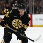 Boston Bruins' Lukas Reichel during an NHL hockey game against the Minnesota Wild Saturday, March 28, 2026, in Boston.