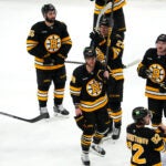 Boston Bruins right wing David Pastrnak (88) and teammates salute the fans. The Boston Bruins played the Buffalo Sabres Friday, May 1, 2026 in Game 6 of the first round of the Stanley Cup Playoffs at TD Garden in Boston, MA.