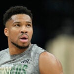 Milwaukee Bucks' Giannis Antetokounmpo warms up before an NBA basketball game against the Boston Celtics, Monday, March 2, 2026, in Milwaukee.
