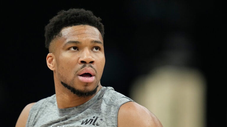 Milwaukee Bucks' Giannis Antetokounmpo warms up before an NBA basketball game against the Boston Celtics, Monday, March 2, 2026, in Milwaukee.