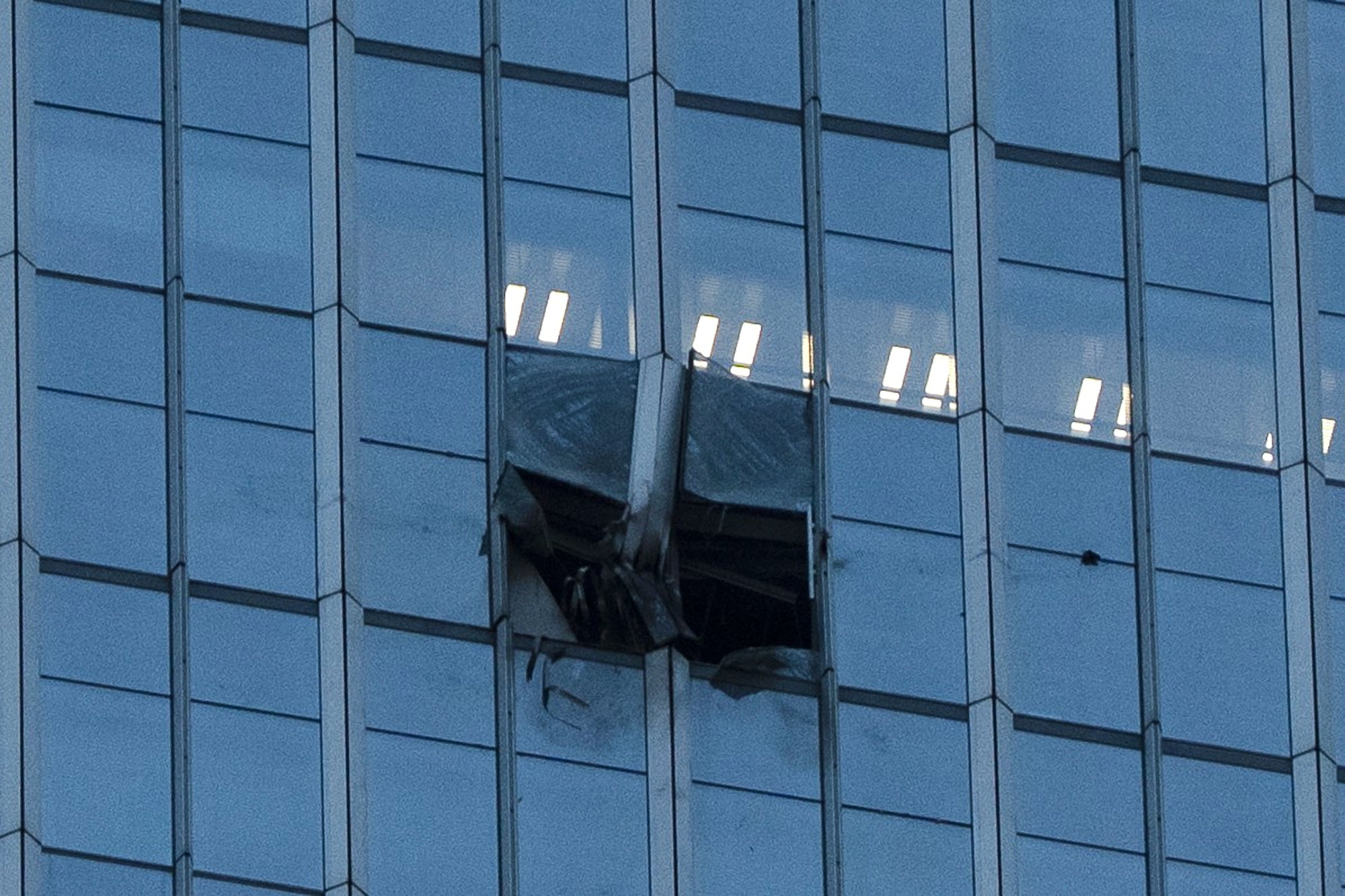 The surface of the Citic Tower also known as Zun Tower is damaged in Beijing.