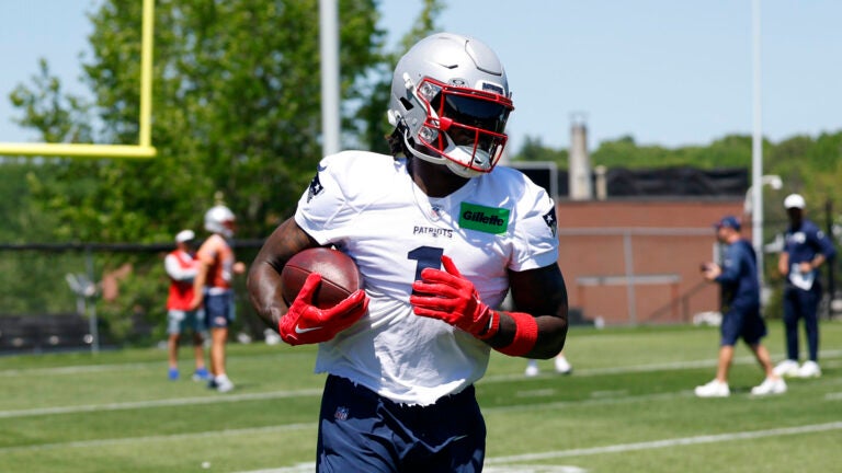 New England Patriots wide receiver A.J. Brown (1) catches the ball during practice at Gillette Stadium on June 9, 2026 in Foxborough.