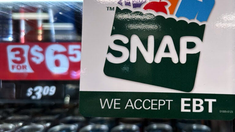 SNAP EBT information sign is displayed at a gas station in Riverwoods, Ill.