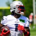 FOXBOROUGH, MASSACHUSETTS - JUNE 09: A.J. Brown #1 of the New England Patriots runs a drill during a minicamp at Gillette Stadium on June 09, 2026 in Foxborough, Massachusetts.