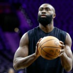 Boston Celtics guard Jaylen Brown warms up before the game. The Philadelphia 76’ers hosted the Boston Celtics in Game 3 of the first round of the NBA Playoffs on Friday, April 24, 2026 at Xfinity Mobile Arena in Philadelphia, PA.