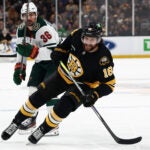 Boston Bruins' Pavel Zacha during an NHL hockey game against the Minnesota Wild Saturday, March 28, 2026, in Boston.