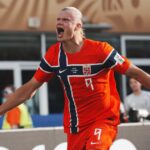 Norway's Erling Haaland celebrates the first of his two goals in a 4-1 win over Iraq in the World Cup on Tuesday in Foxborough.