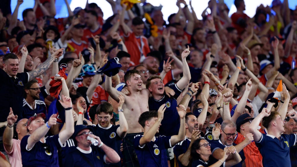 Scotland fans celebrate a goal in the first half of the 2026 World Cup Group C match between Haiti and Scotland at Boston Stadium on June 13, 2026 in Foxborough.