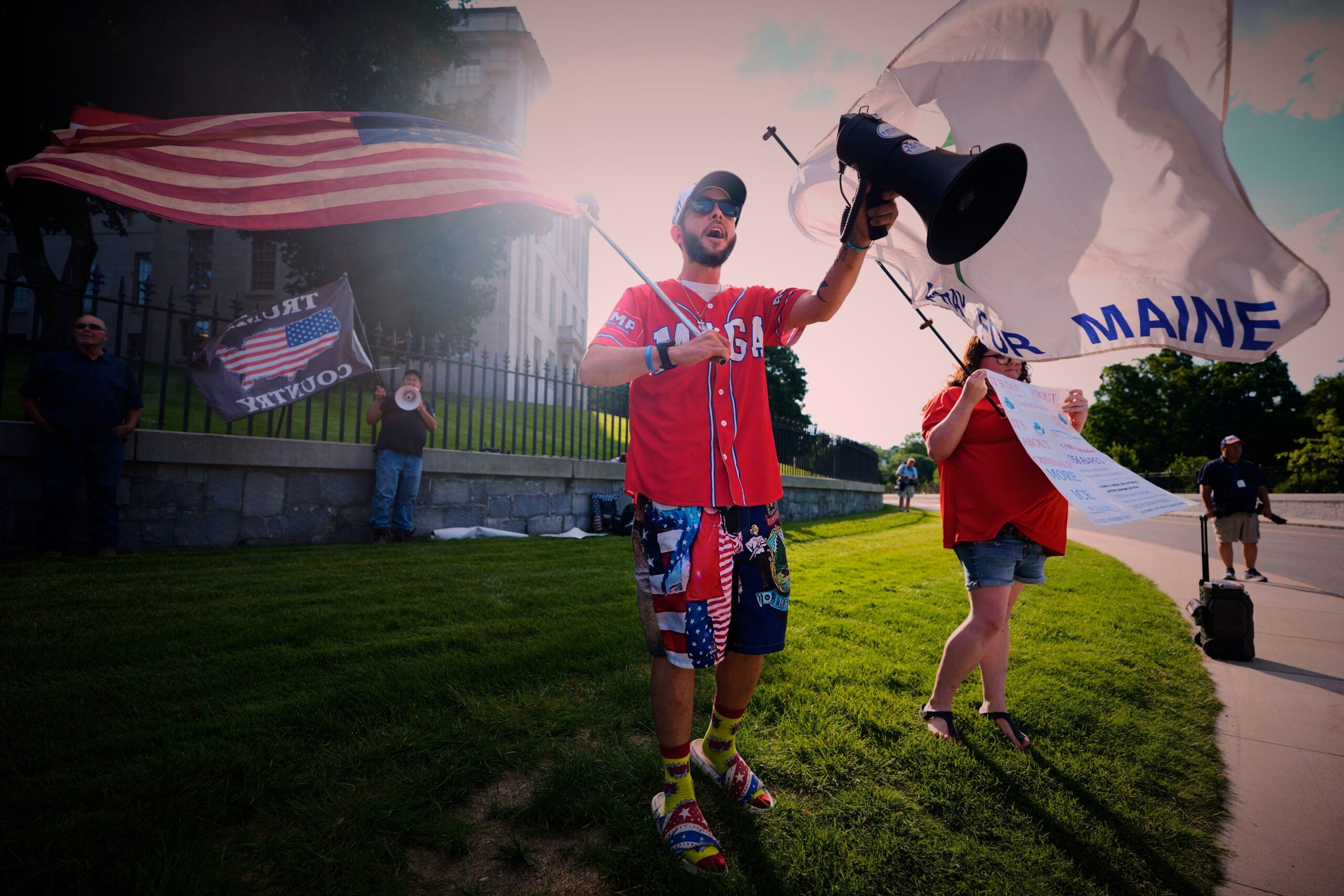 Nick Blanchard leads a small rally in support of U.S. Immigration and Customs Enforcement.