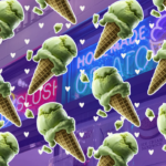 Many pistachio ice cream cones in a pattern over a background photo of the Slush King window in East Boston.