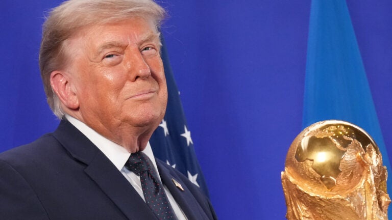 Trump celebrates the World Cup as a US victory as he presents trophy to the winner, Spain Trump celebrates the World Cup as a US victory as he presents trophy to the winner, Spain