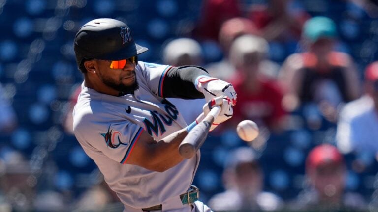 WASHINGTON, DC - JUNE 03: Otto Lopez #6 of the Miami Marlins hits a single against the Washington Nationals during the ninth inning at Nationals Park on June 03, 2026 in Washington, DC.
