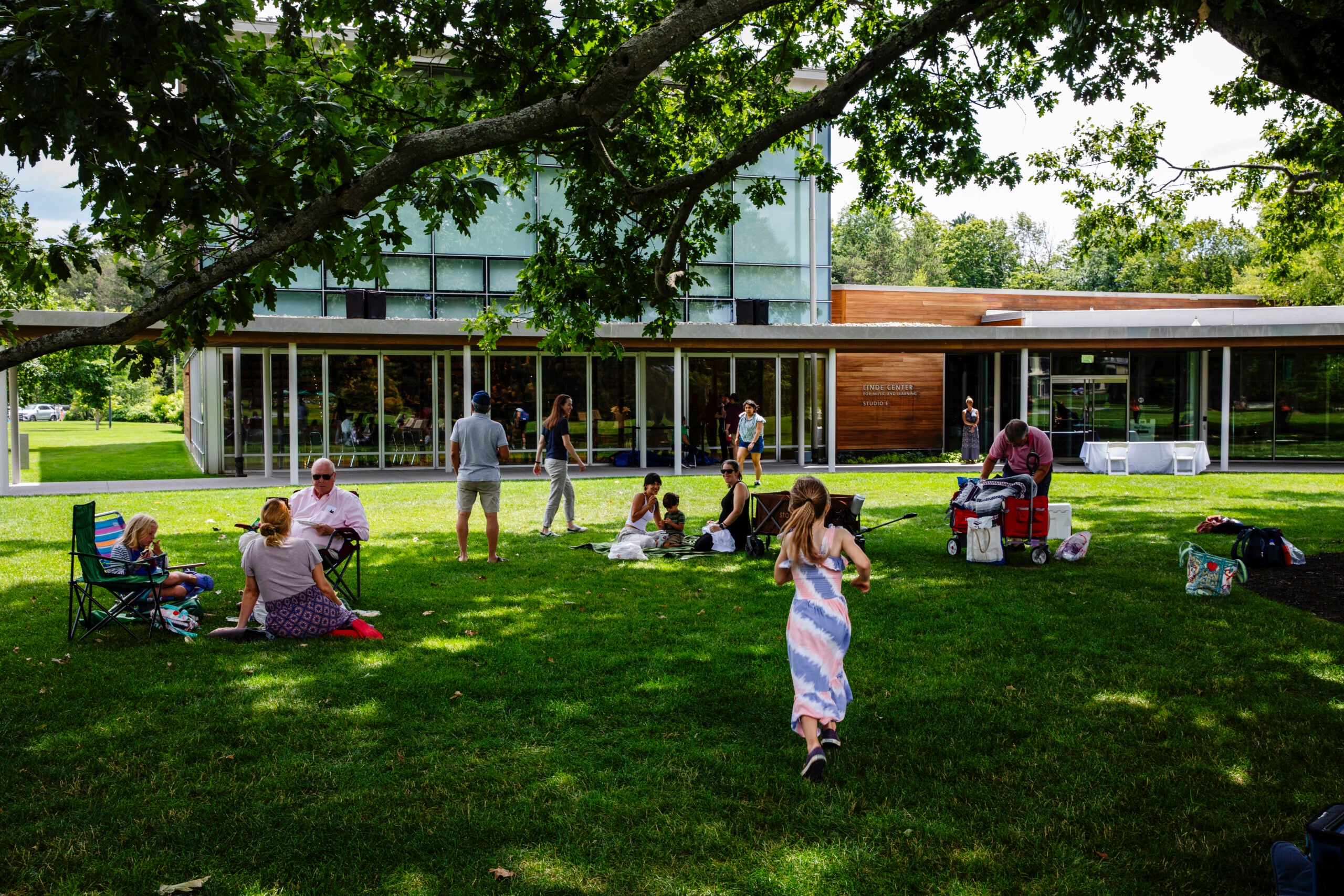 Attendees picnic outside a performance.