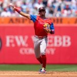 American League second baseman Franklin Arias (19) warms up during the second inning the MLB All-Star Futures baseball game, Sunday, July 12, 2026, in Philadelphia.