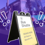 A black sandwich board sign that says "Bus Shuttle. Board here. All stops to Blanford St." In the background is a line of people boarding a green bus, all faded to purple. Two sketched exclamation points are on both sides of the board.