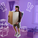 A man in a maroon hoodie and gray shorts holding a cardboard box. The background is an empty apartment room with wooden floors, white walls, and a plant, which is all faded into a purple background. There are white sketches of cardboard boxes next to him on the floor, and white exclamation points on both sides of him.