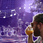 A man with a beard and sunglasses drinking out of a glass, looking out into the distance. The background is filled with buildings faded to purple, and there are white sketches of a four-person band overlaid, and several music notes above their heads.