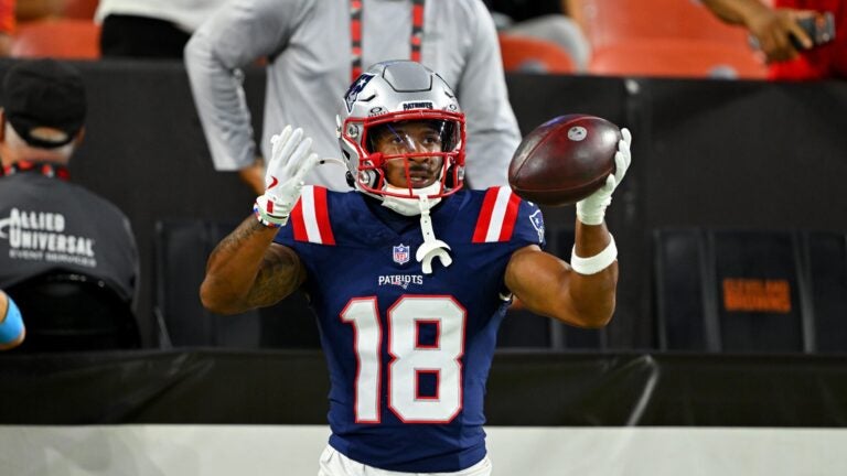 CLEVELAND, OHIO - AUGUST 27: Wide receiver Kyle Williams #18 of the New England Patriots celebrates scoring a touchdown in the first quarter of a preseason game against the Cleveland Browns at Huntington Bank Field on August 27, 2026, in Cleveland, Ohio.