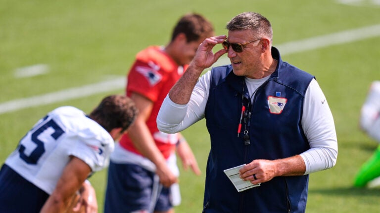 New England Patriots head coach Mike Vrabel during the team's NFL football training camp, Monday, Aug. 10, 2026, in Foxborough, Mass.