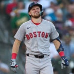 Boston Red Sox's Curtis Mead reacts after being hit by a pitch during the fourth inning of a baseball game against the Athletics, Monday, July 27, 2026, in West Sacramento, Calif.