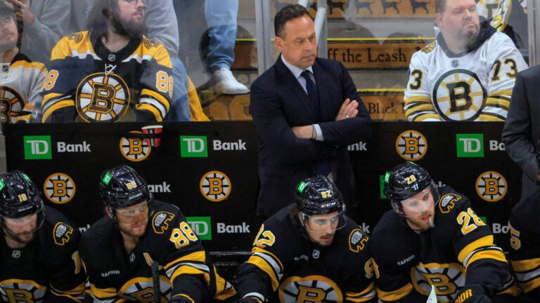Boston Bruins head coach Marco Sturm on the bench with his team down 6-0 aginst the Buffalo Sabres during third period NHL action of game four in the first round of playoffs at TD Garden on Sunday April 26, 2026.