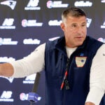 New England Patriots head coach Mike Vrabel addresses the media before a team practice, Friday, in Foxborough.